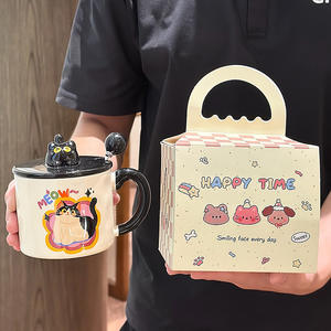 <b>Cute</b> Cat Themed Ceramic <b>Mug</b> With Lid Spoon And Handle Cartoon Design For Gift 2025 New Creative Couple Water Cup - Product Image 2