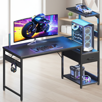 Bureau de jeu de 48 pouces avec rangement, éclairage LED, design réversible, étagères de présentation, tiroir en tissu, crochet pour casque, fibre de carbone