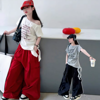 Ensemble T-shirt et salopette décontracté pour filles, avec imprimé épaule tendance, Nouvelle collection Printemps Automne, Coupe ample, Respirant, Style mode enfant et danse urbaine, Deux pièces
