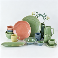 Service de vaisselle en grès côtelé vert et pêche de qualité commerciale, assiettes en céramique gaufrées résistantes aux éclats pour banquets et services de traiteur