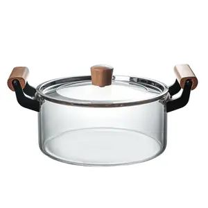 Wholesale glass kitchenware hot - proof glass soup pot with wooden handle