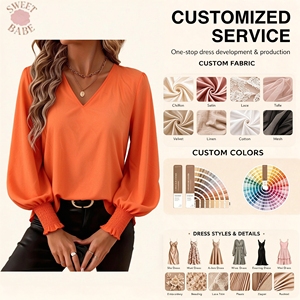 Chemisier à col en V à manches longues lanternes, poignets smockés, ourlet à volants, coupe ample, décontracté, pour femme, personnalisable – Meilleures ventes - Product Image 1