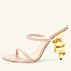 <b>Large</b> Size 45 Women's Irregular Gold Metal High Heels Mules Open Toe on Sandals Summer Double Straps Pumps Shoes - Product Image 1