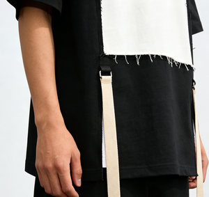 T-shirt en coton pour homme grande taille, épaules tombantes, manches courtes, épais, patchwork, bretelles à franges, coupe oversize, style streetwear, logo personnalisé - Product Image 3