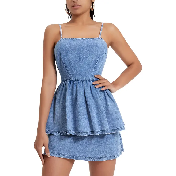 Fashion women's clothing summer layered hem cami off shoulder denim dress women cotton