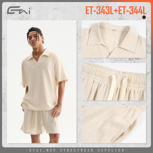 Completo estivo traspirante da <span class=keywords><strong>uomo</strong></span> in cotone leggero <span class=keywords><strong>lino</strong></span> da <span class=keywords><strong>spiaggia</strong></span> Polo T shirt e Shorts Set - Product Image 4