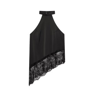 Zevity 2026 ZA Marka Kadın Seksi Kolsuz Saten Halter Smock Bluz Kadın Etek Dantel Dikiş Düzensiz Gömlek Blusas Chic Tops - Product Image 3