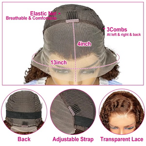 Parrucche con frontino in pizzo 13x4 per donne di colore, parrucca <span class=keywords><strong>bob</strong></span> riccia bruna scura brasiliana, parrucca corta con onda profonda in capelli umani, parrucche con frontino in pizzo colorate. - Product Image 6