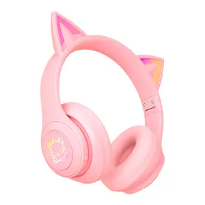 Grosir headphone laptop gadis-Lampu LED RGB Bersinar Anak Perempuan Lucu, Headphone Nirkabel dengan Telinga Kucing Peredam Bising