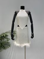 Socialite Banquet haute qualité diamant intégré Sexy licou haut plume d'autruche hanche jupe Net perceuse costume pour les femmes ensemble