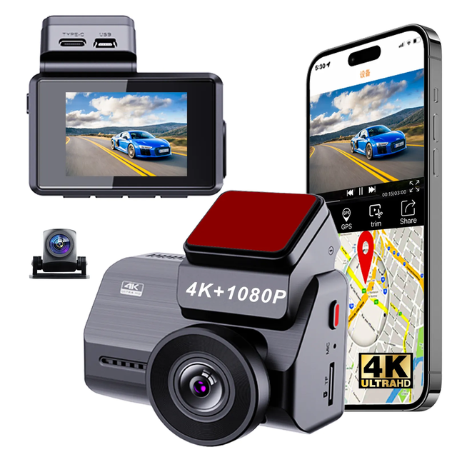4K Dual Dash Cam W/2" Screen - Front 2160P + Rear 1080P, GPS Tracking, WiFi, Night Vision, Loop Recording