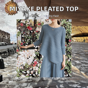 T-shirt plissé décontracté pour femme Miyake, motif streetwear 3D, couleur unie, manches trois-quarts, coupe ample et fine, teint uni - Product Image 3