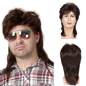 Perruque Mullet <span class=keywords><strong>Homme</strong></span> en Gros, <span class=keywords><strong>Cheveux</strong></span> Bouclés Bruns, Fibre Haute Température, Peut Être Permanente et Teintée, Perruques Vintage Années 80 pour Cosplay - Product Image 1