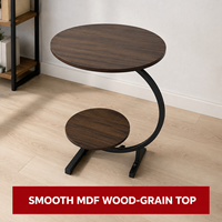Table d'appoint ronde à 2 niveaux, plateau en MDF imitation bois, cadre en métal noir en forme de C, table d'appoint moderne pour salon, chambre, balcon