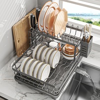 Égouttoir à vaisselle auto-drainant à 2 niveaux, égouttoir à vaisselle de cuisine antirouille avec porte-couverts