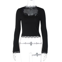 Camiseta Gráfica Vintage de los 2000s, Estilo Grunge, para Mujer, Otoño, con Encaje, Manga Larga, Corte Ajustado, Ropa Y2K, Básica, Estilo Harajuku