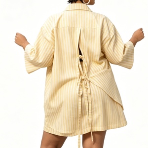 Ensemble 2 pièces chemise et short jaune rayé à dos ouvert avec détail de nouage pour femme Sehe Fashion - Product Image 3