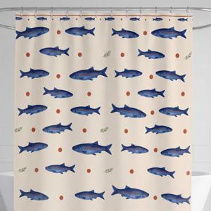 Rideau de douche vintage imprimé poisson bleu <span class=keywords><strong>aquarelle</strong></span> 100% polyester, imperméable, résistant à la moisissure, rideau de salle de bain nautique personnalisé - Product Image 5