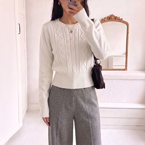Pull en maille torsadée à col rond style français pour femme, taille unique, gris, coupe ajustée, haut de gamme - Product Image 3