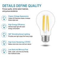 Ampoule LED en verre A19 E26 de haute qualité 4W/8W/12W 2700K Lumière blanche chaude Ra90 Dimmable 15000 heures pour bar, restaurant, hôtel
