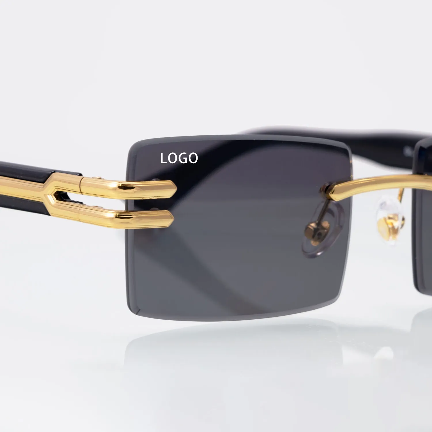 Armações de óculos de sol sem aro de luxo com logotipo personalizado retrô retangular para uso em festas com molduras de PC azul preto ouro prateado 2024