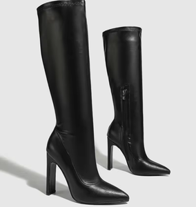 Bottes hautes marron et noires tendance pour femme, bottes longues sexy à bout pointu, bottes en cuir épaisses au-dessus du genou, chaussures pour femme - Product Image 2