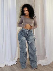 Jeans da Donna Autunnali, Pantaloni Dritti in Denim, Stile Hipster con Bottoni, <span class=keywords><strong>Taglie</strong></span> <span class=keywords><strong>Forti</strong></span>, Moda Femminile - Product Image 4