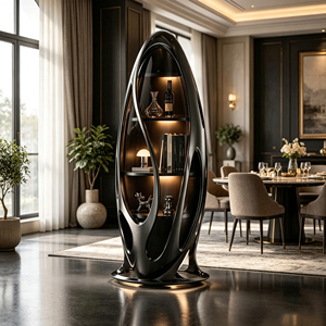 Oval Glossy <b>Black</b> Fiberglass Wine <b>Cabinet</b> Tempered Glass Door Built-in Led Shelves for Luxury Home Dining Room This This Wine - Product Image 3
