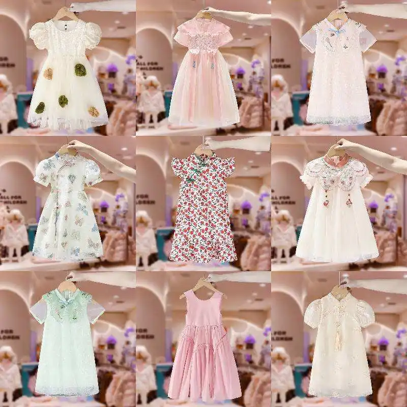 Mode grün lässig Sommer Blume Puffärmel Prinzessinnenkleid Netz mittleres großes Mädchenkleid Kinder Ballkleid Guangdong Chiffon