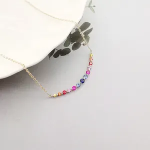 Trendy Women's Fine Jewelry 14k Solid Gold Smile Necklace With Multi-Color Rainbow Sapphire Natural Gem Stone Link Chain