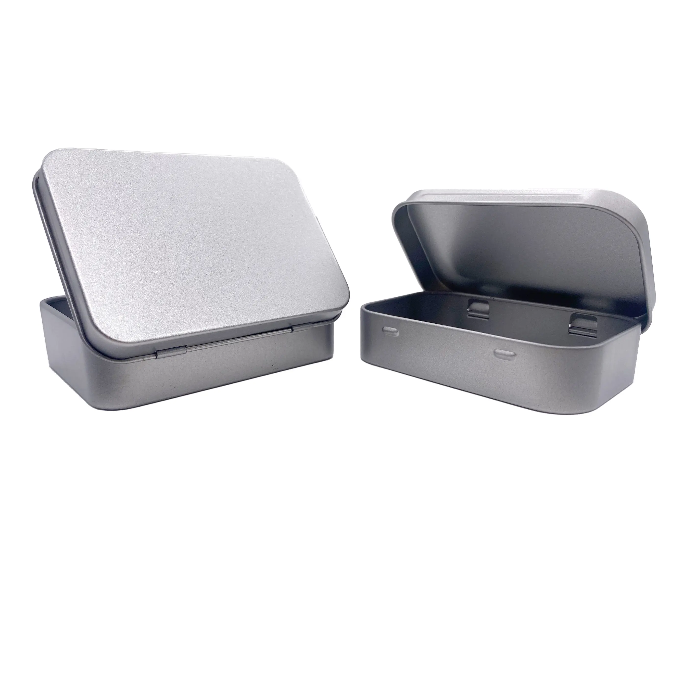 Oem Custom Bedrukt Zilver Rechthoekige Scharnierende Blikken Doos Met Deksel Cadeau/Snoep/Mint Verpakking Food Grade Container Metalen Blikken Doos