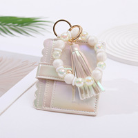 Gelang Kulit+Silikon Manik-Manik Laris Manis, Tempat Kartu Gantungan Kunci Wanita, Dompet Kartu Holografik Warna Macaron, Rumbai Pergelangan Tangan Wanita