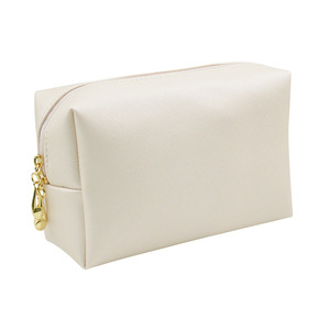Pochette cosmétique en cuir PU crème, taille moyenne, fermeture à glissière, organiseur de maquillage portable, style simple pour femmes - Product Image 2