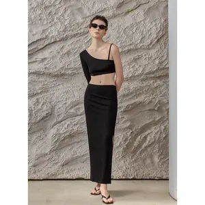 2024 Phụ Nữ Chất Lượng Cao Màu Đen Gân Hai Mảnh Crop Top Và Chia Maxi Váy Set