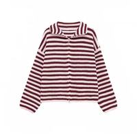 Pull en tricot épais brodé rayé anti-plis pour femme, col montant, épaules tombantes, manches longues, bleu clair et marron, hiver