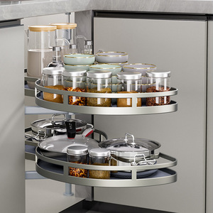 Panier coulissant d'angle Cooper à double couche rotatif avec poignée pour armoires de cuisine, organisateur de pots à épices, taille L - Product Image 1
