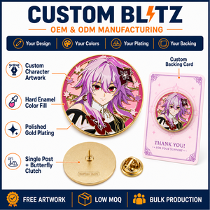 Épinglette en émail personnalisée style anime cheveux violets, plaqué or, badge de revers rond en métal, OEM ODM - Product Image 4