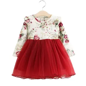 De moda de Navidad de niños primavera otoño ropa de estilo coreano de algodón de manga larga de tul de flores vestidos de niñas