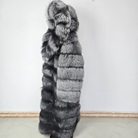 Nouveau Manteau Long en Fourrure de Renard Argenté Épais et Tendance 2025 avec Capuche