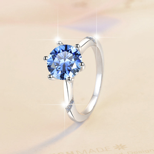 MOQ 1 <span class=keywords><strong>Anelli</strong></span> di Fidanzamento <span class=keywords><strong>Solitari</strong></span> in Argento Sterling S925 con Moissanite Blu VVs1 da 1Ct, Diamante Sintetico Rotondo, Gioielli Classici Raffinati - Product Image 2