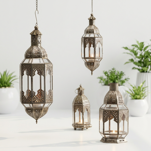Farol Marroquí Moderno Hecho a Mano de Hierro y Vidrio Plateado con Diseño en Relieve para Hogar, Hotel, Jardín - Decoración de Iluminación Elegante - Product Image 4