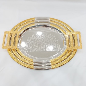 Bandeja Redonda <span class=keywords><strong>de</strong></span> <span class=keywords><strong>Metal</strong></span> <span class=keywords><strong>de</strong></span> Lujo Estilo Árabe Personalizada, Juego <span class=keywords><strong>de</strong></span> 3 Bandejas <span class=keywords><strong>de</strong></span> Servir <span class=keywords><strong>de</strong></span> Hierro con Asas - Product Image 3