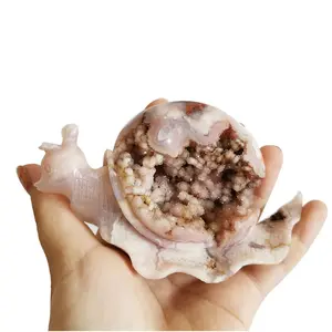 Unique Sakura Agate Snail Carvings Natural Cherry Blossoms Agate Animal Statues with Geode
