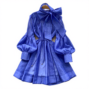 Vestido Mini Retro de Cintura Imperio con Mangas Linterna para Mujer, Cuello con Lazo, Diseño Sólido, Ecológico, Tejido Sencillo de Verano, Corte en A - Product Image 3