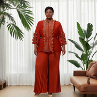 Ensemble 2 pièces élégant Miyake pour femme grande taille : Tunique décontractée à volants en dentelle et pantalon plissé à jambes larges – Tenue de soirée
