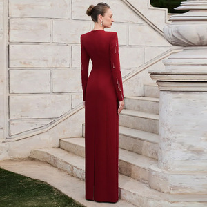 Vestidos Maxi <span class=keywords><strong>de</strong></span> Noche Elegantes y Formales <span class=keywords><strong>para</strong></span> <span class=keywords><strong>Mujer</strong></span>, <span class=keywords><strong>de</strong></span> Manga Larga, Color Rojo, con Pedrería, <span class=keywords><strong>de</strong></span> Lujo, al por Mayor, <span class=keywords><strong>de</strong></span> Fábrica, con Etiqueta Privada OEM Personalizada - Product Image 2
