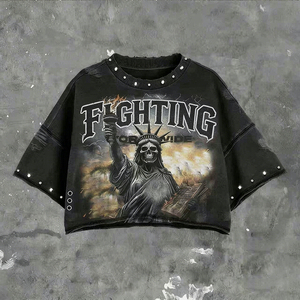 T-shirt da <span class=keywords><strong>uomo</strong></span> estiva in cotone 280gsm, vestibilità ampia, stile gotico streetwear, con stampa DTG teschio con strass, lavaggio acido e effetto distressed - Product Image 1