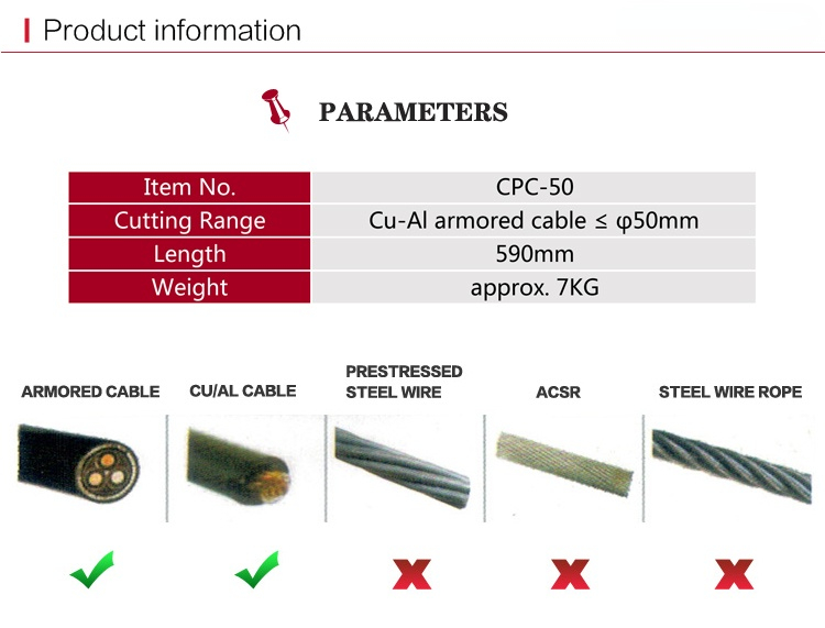 CPC-50 hydraulic cable cutter for Cu Al armored cable