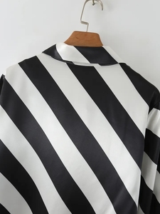 <strong>Black</strong> <strong>and</strong> <strong>White</strong> Color <strong>Long</strong> <strong>Sleeve</strong> Buttons up <strong>Striped</strong> Print Turn Down Collar Casual <strong>Tops</strong> for Ladies - Product Image 6