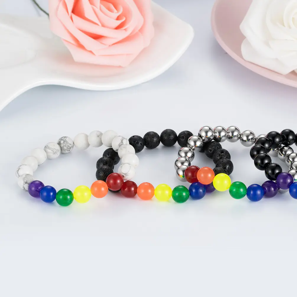 JY Bracelet de perles colorées Bracelet en acier inoxydable perles de pierre naturelle Bracelet de perles arc-en-ciel pour couple